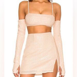 NBD Jolene Top in Nude - sequin crop bra top with detached sleeves
